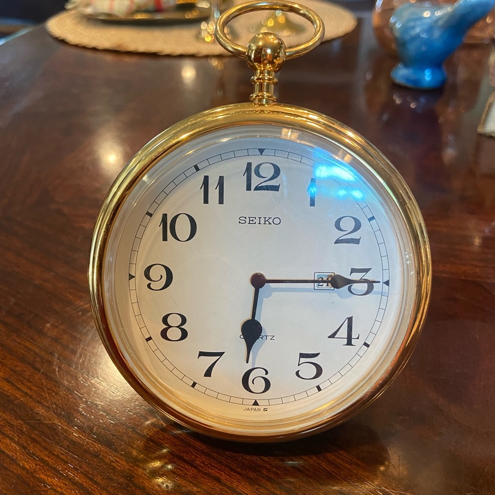 Gold Desk Clock Pocket Watch Style Seiko Japan Vintage Alarm Clock - Picture 4 of 10